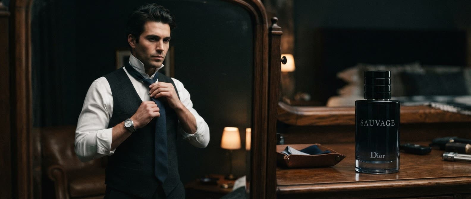 Hombre anudándose la corbata frente a un espejo, con un frasco de perfume sobre la cómoda